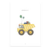 Wenskaart met kiepwagen versierd met slingers, ballonnen en cadeaus om kind te feliciteren